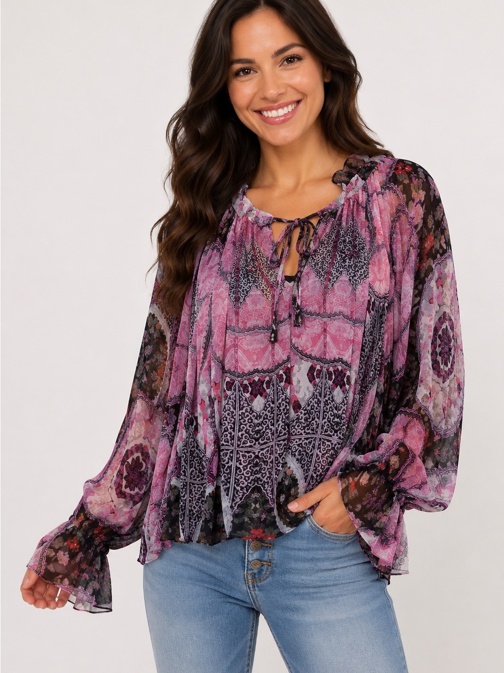 Korovilas Royale Sheer Bemberg Blouse Pink Floral Boho Romantic Sz Medium